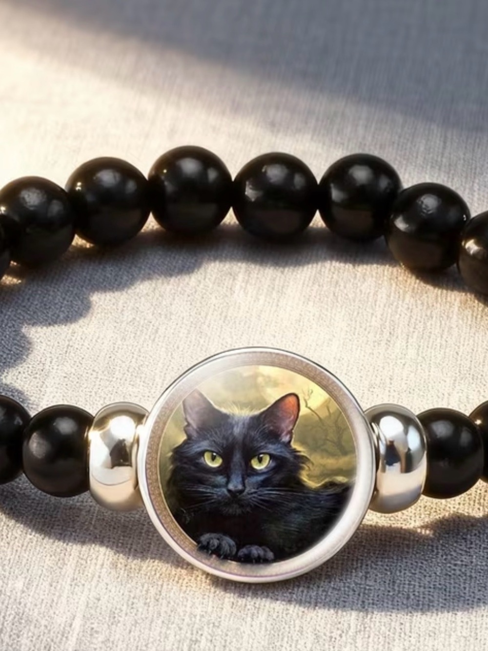 Black Beaded Cat Charm Bracelet with Black Cat Portrait